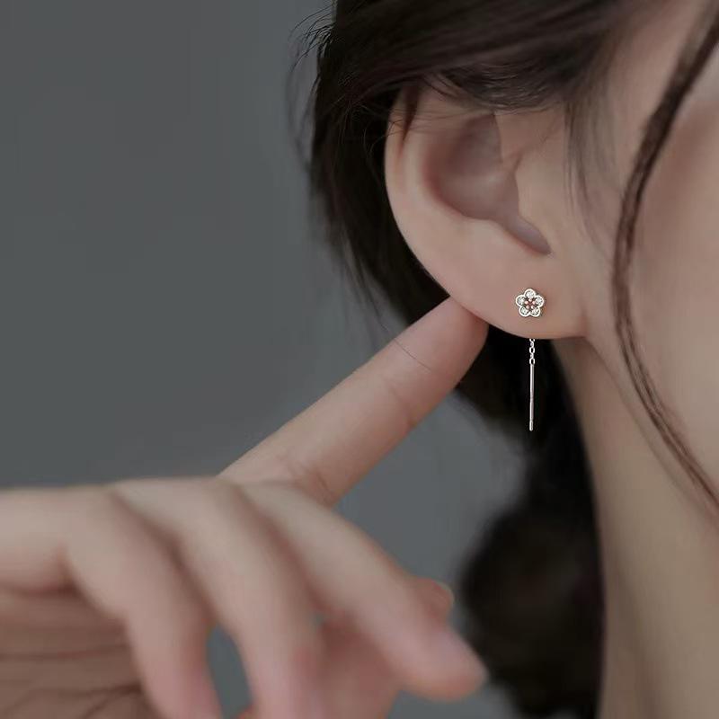 Real 925 Silver Zircon Flower Short Tassel Stud Earrings For Women Classic Fine Jewelry Advanced Feeling Accessories
