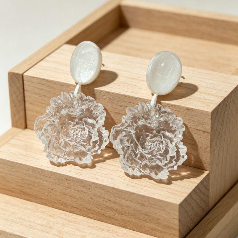 3D Flower Flower Dangle Earring Clear White Statement Earring New Camellia Flower Earring Women