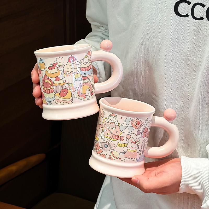 Romantic Pink Ceramic Mug Cute Little Rabbit Birthday Gift Cup Household Coffee Cup Water Cup Color Box