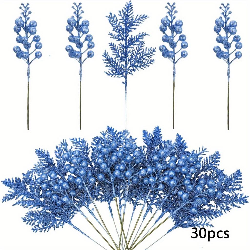 30pcs Artificial Pine Needles with Glitter Berry Stems - Vibrant Red & Green Plastic Christmas Branches for DIY Holiday Decor