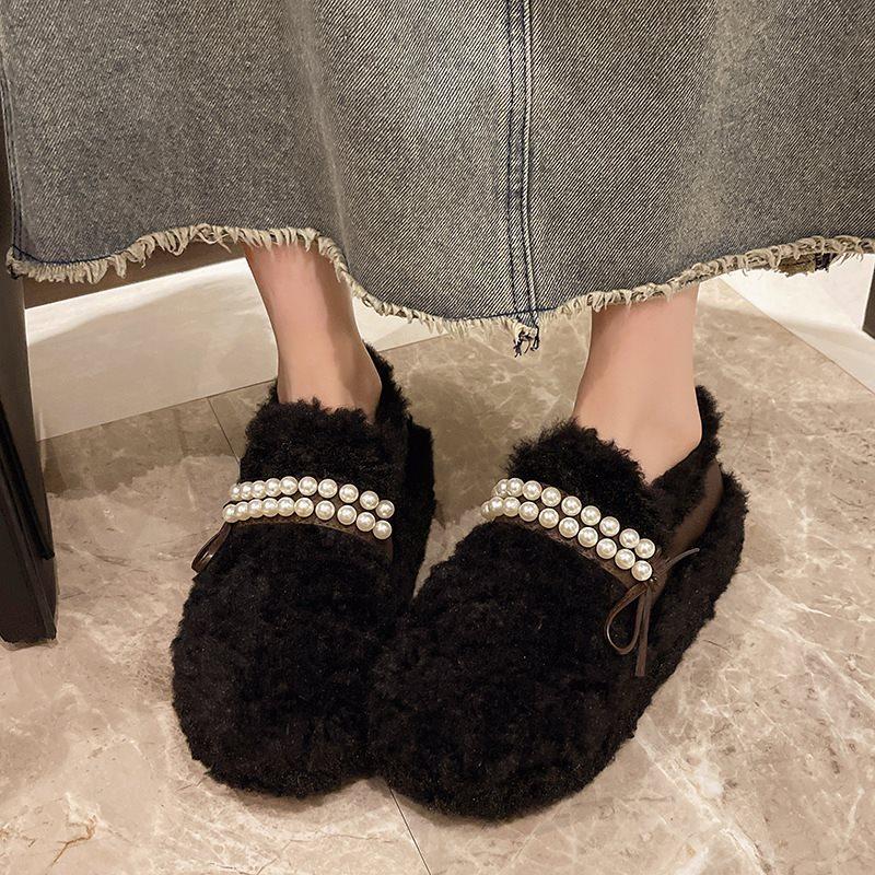 velvet cotton shoes Korean version lazy thick-soled lamb wool one pedal outside wearing round head fluffy shoes women's new autumn and winter beans
