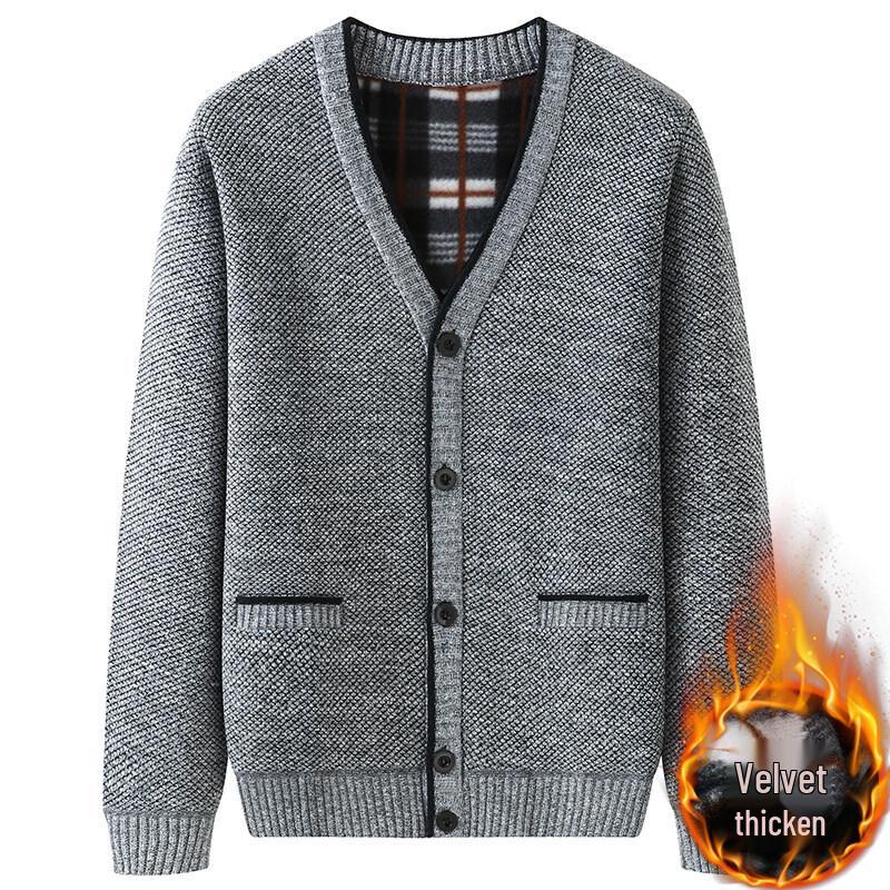 Men's Grey Plus Velvet Cardigan Sweater - Autumn/Winter Warm Knitwear for Middle-aged and Elderly