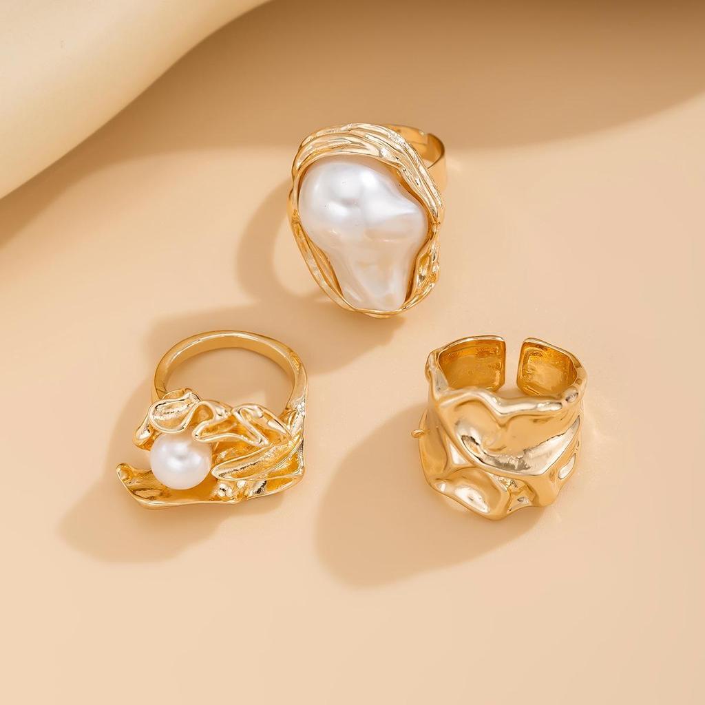 European & American Geometric Baroque Pearl Ring Set – Sweet Cool Ins Style Glossy Liquid Metal Ring