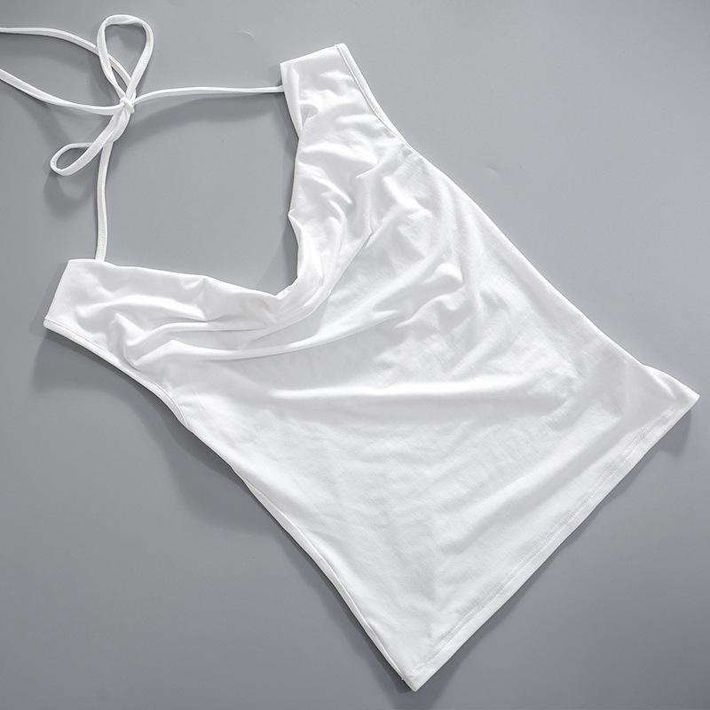 Women's Summer Solid Colour Swing Neck Sleeveless One Shoulder Backless Tie Sexy T-Shirt