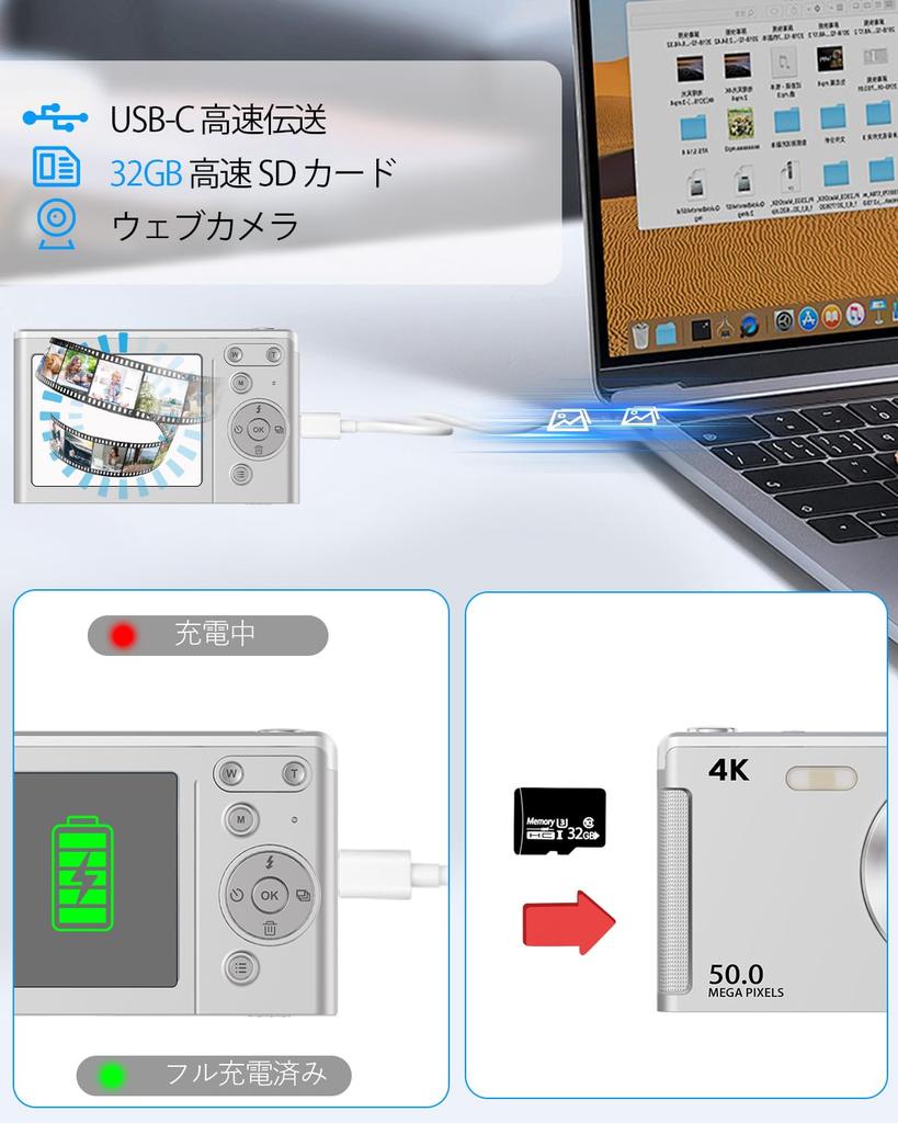 Digital Camera 4K Video Upgraded True 50MP Digital Camera with LED 32GB TF AF Compact 16x Image Motion 2 Large Capacity Japanese Instruction Perfect