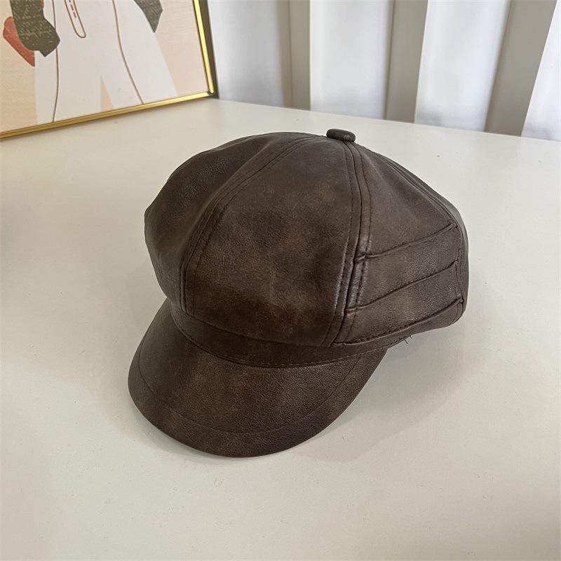 

Осень и зима новая ПУ кожа лаковая кожа старая восьмиугольная кепка женская сложная повседневная личность шляпа художника M（56-58cm）