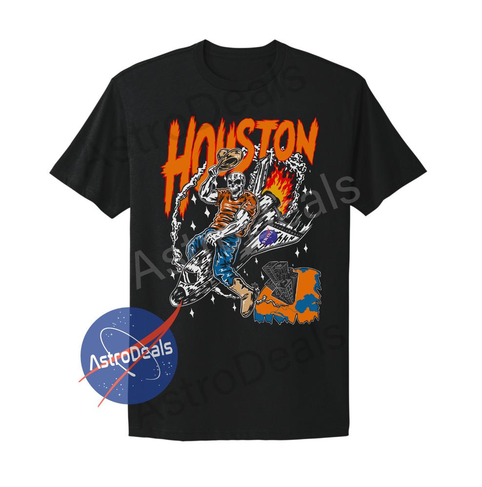 Houston Rodeo Vintage Style Astros Rockets Texans NASA Skeleton Black T-Shirt Unisex T-Shirt L