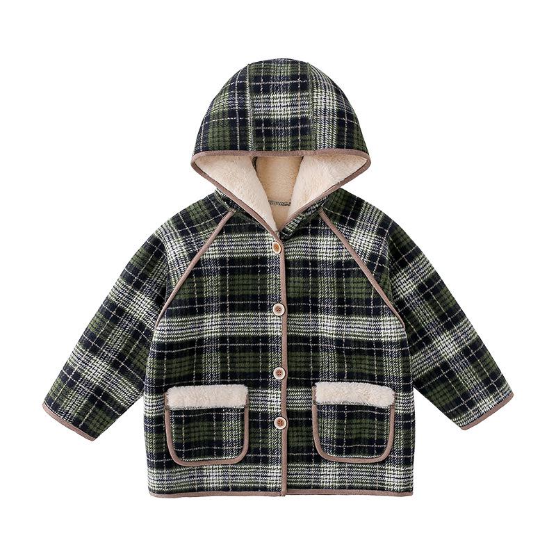 

Детская куртка с капюшоном из вельвета в кофейную клетку - теплое, свободное пальто в корейском стиле 110 cm
