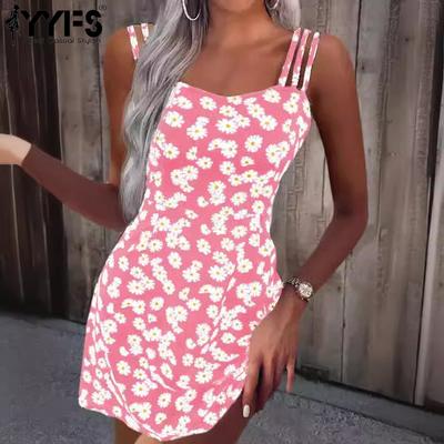 Damenmode Sommer Frühling Blumenmuster Druck Ärmellose Hosenträger Hohe Taille Freizeitkleider