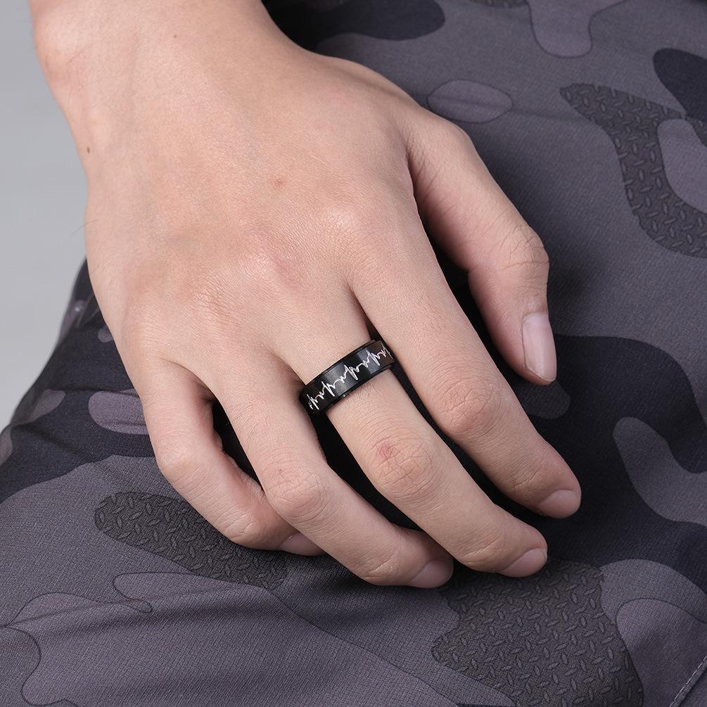 Titanium Steel Rotating Electrocardiogram Couple Ring, Heartbeat, Decompression, Stainless Steel Matching Ring, Hand Jewelry