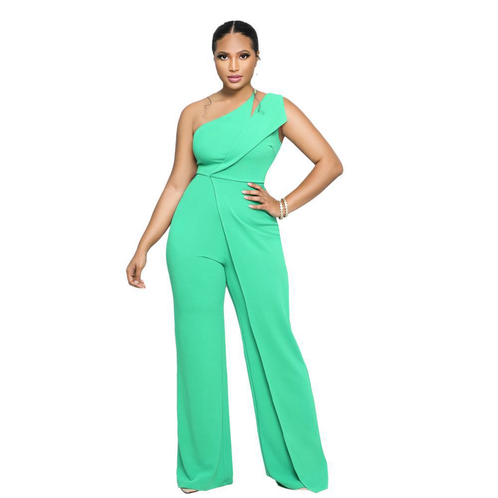 9904 European & American Sexy Sleeveless One-Shoulder High Waist Straight Jumpsuit