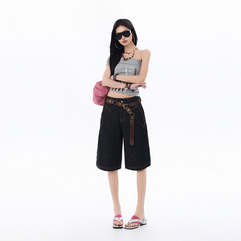 Trendy Summer Niche High Street Designer Slimming Loose Wide Leg Cropped Capri Denim Pants For Women Versatile Loose Straight Streetwear