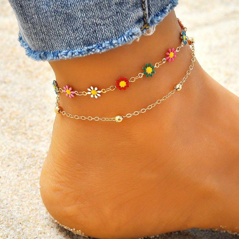 European & American Trendy Floral Daisy Anklet - Colorful Summer Beach Foot Jewelry for Women