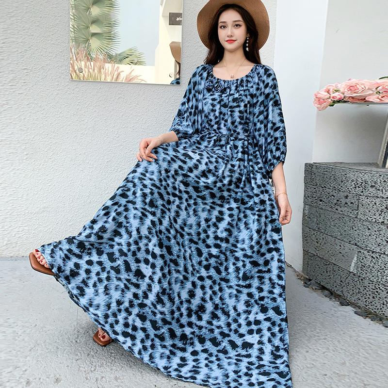 Fattened extra large size floral long-sleeved dress 100kg fat girl long dress one-word shoulder loose maternity dress