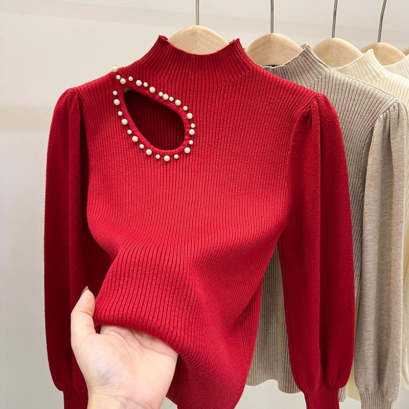 Women's High Neck Beaded Hollow-Out Knitted Sweater - Long-Sleeve Autumn/Winter Design