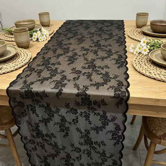 Yousheng French Lace Table Runner, Black & White Vintage Lace Runner for Coffee Table, Shoe Cabinet, Dining Table, Long Rectangular