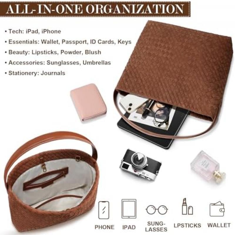 Auluda Braided Suede Shoulder Bag for Women, Elegant Large Tote Hobo Bag, Crossbody Work Travel Purse