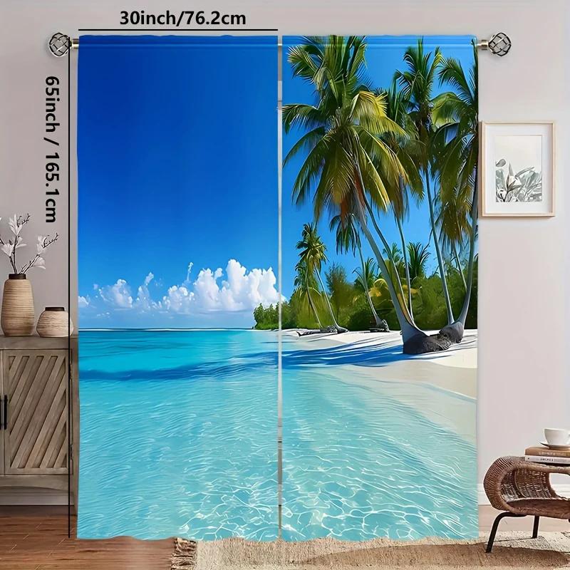 2 pieces of blue seaside view printed curtains, pole bag curtains, bedroom and living room, home decoration, room decoration