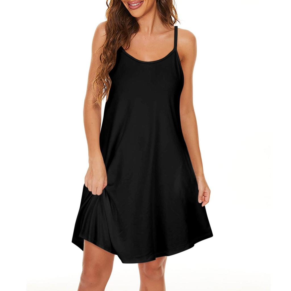 Women's Slim Fitting Dress Fashion Solid Color Round Neck Pocket Sling Strap Dress