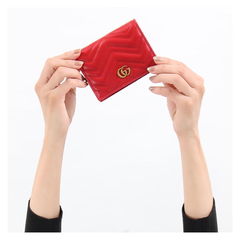 Gucci GG Marmont Series Marmont Gold Label Logo Bi-fold Flip Quilted Leather Card Holder Wallet Women's Red