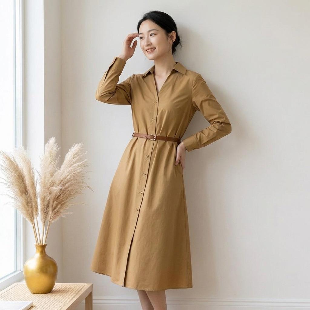 

Brown Long-Sleeve Belted Shirt Dress - Women s Mid-Length Summer Fashion XL