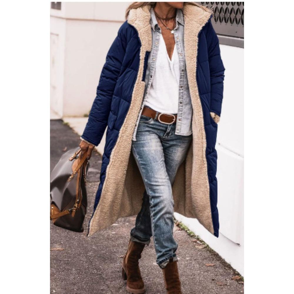 Solid Color Double-Sided Wear Hooded Cotton Coat, Thickened Slim Fit Long Sleeve Long Open Front Jacket