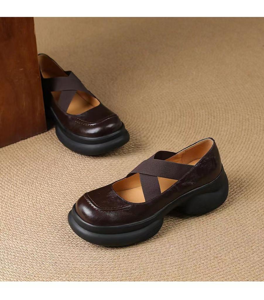 Light and soft series~ Huge comfort~ New leather single shoes women's small thick-soled Mary Jane shoes cross-strap leather shoes