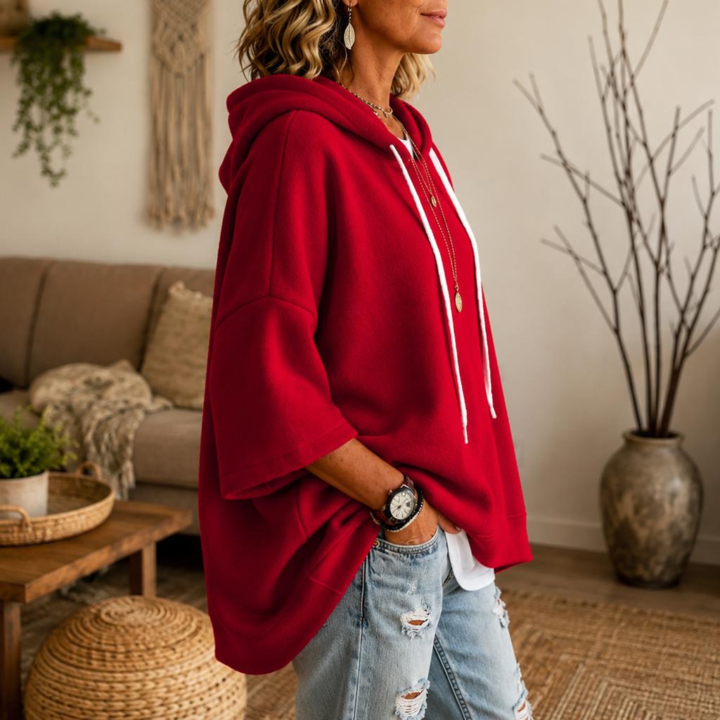 Women's Hooded Sleeve T-Shirt with Drawstring and Three-Quarter Sleeves