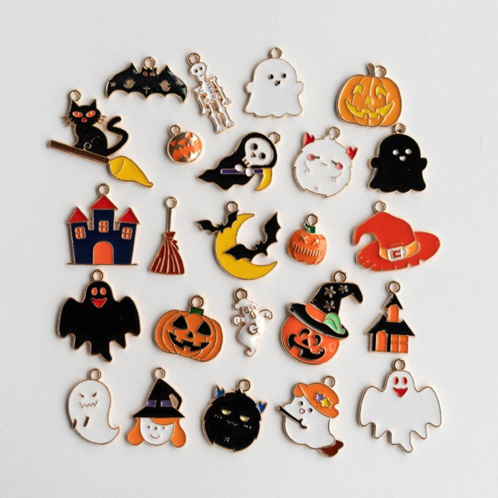 24PCS Colorful Halloween Enamel Charms Alloy Pumpkin Ghost Bat Halloween Pendants Earrings Necklaces Bracelet DIY Accessories