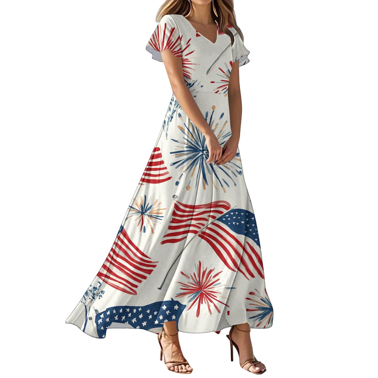 

Жіночі повсякденні модні принтовані довгі сукні сукні з V-подібним вирізом та короткими рукавами XXL червоний