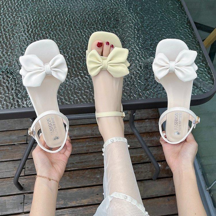 Soft leather high heels women's summer 2025 new fashion versatile bow comfortable word with thick heel sandals women