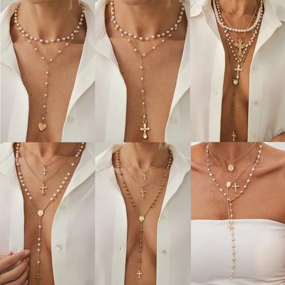 Spice Girl Cross Metal Pendant Necklace Elegant Pearl Beaded Y-Shaped Clavicle Chain Multilayer