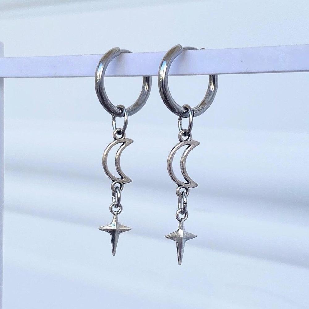 Y2K Hip-hop Silver Color Star Moon Dangle Hoop Earrings for Men Women Stainless Steel Gothic Punk Celestial Jewelry Accessories