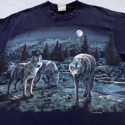 Vintage 90s WOLF MOON DOUBLE-SIDED NATURE T-Shirt LARGE Wild Animal