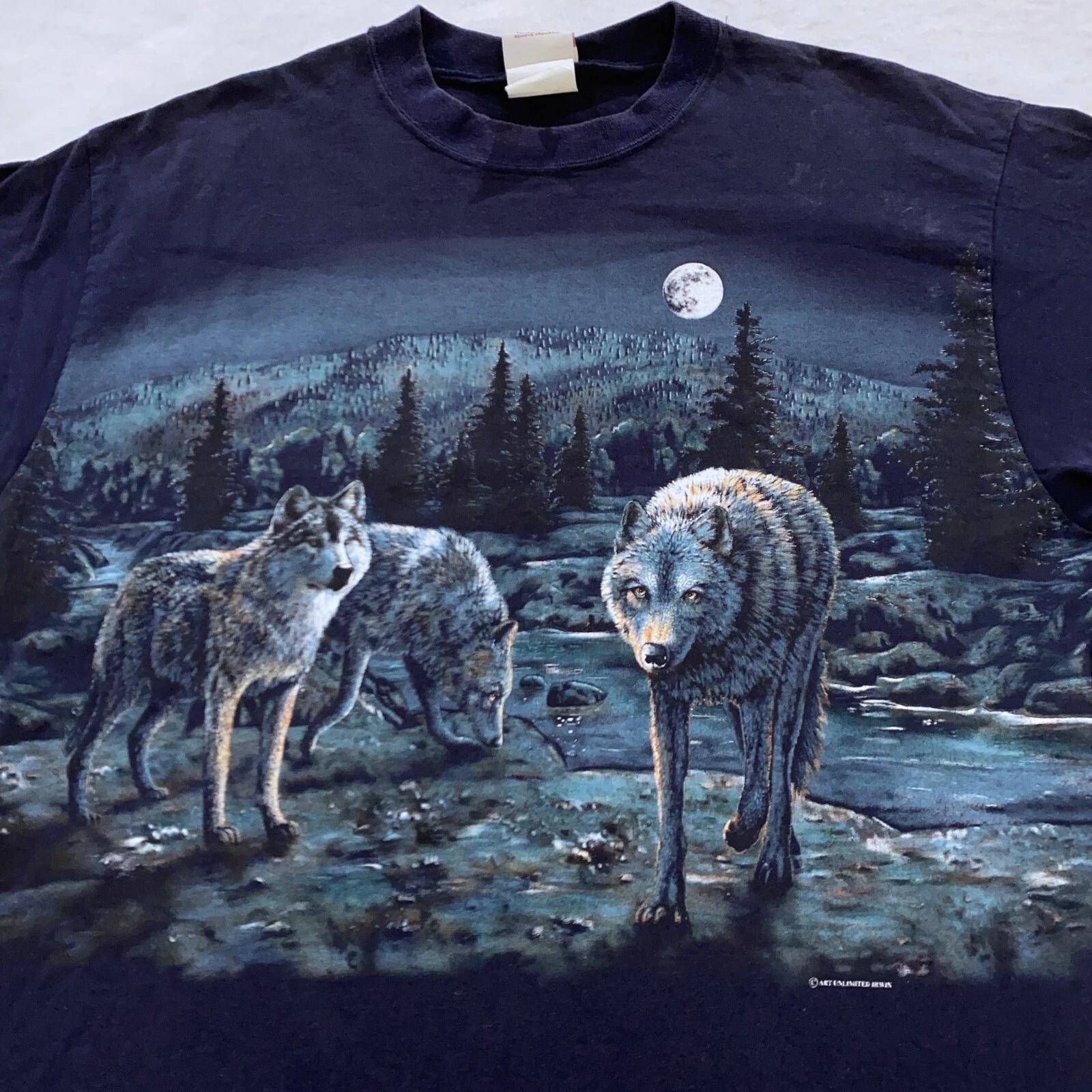vintage 90s WOLF MOON DOUBLE-SIDED NATURE T-Shirt LARGE wild animal 3XL