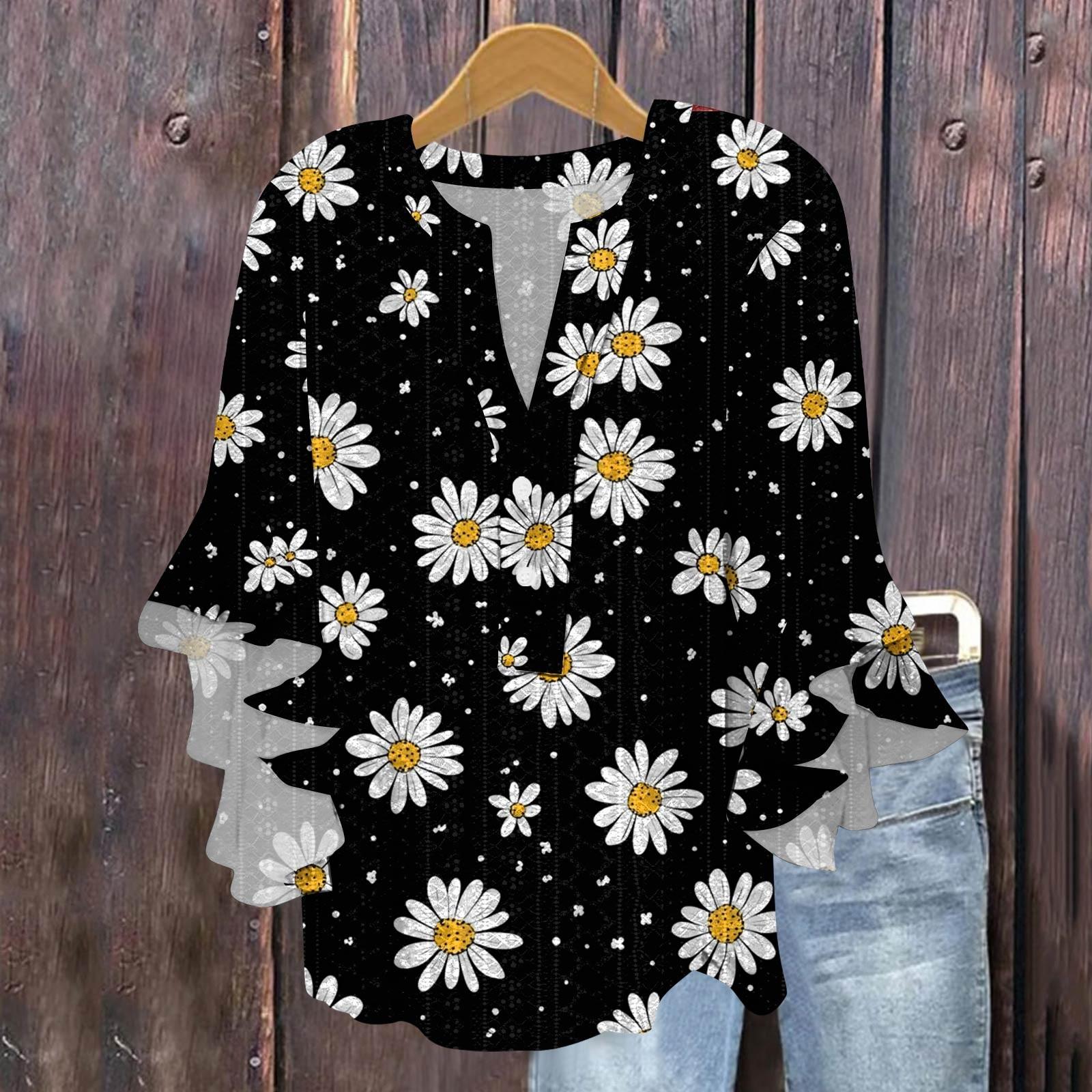 

Женская модная повседневная рубашка с пуговицами, V-образным вырезом, рукавом семь восьмых и винтажным принтом L