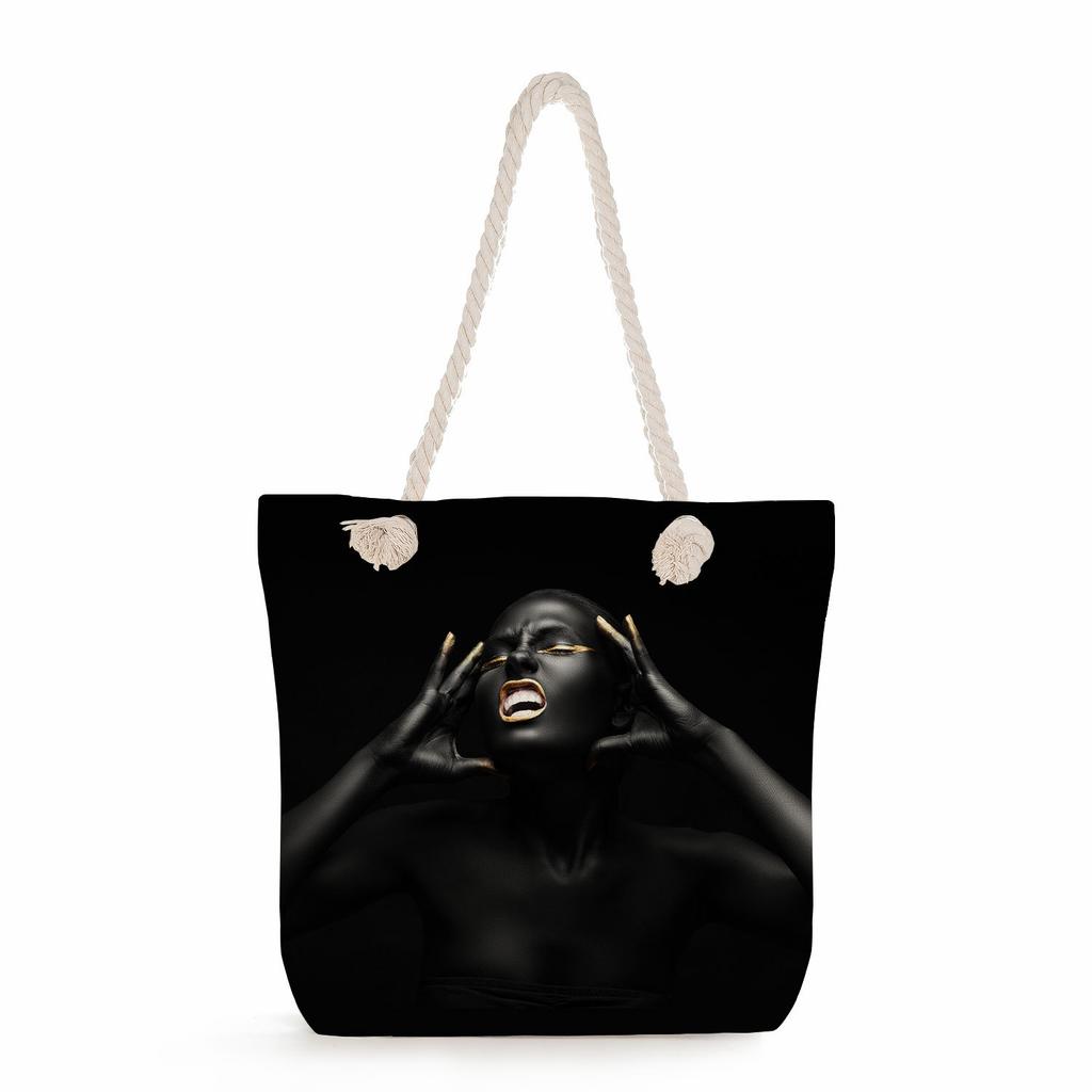 Multifunctional Cool Black People Printed Thick Rope Shoulder Beach Bag Casual Large Capacity Handbag 0114