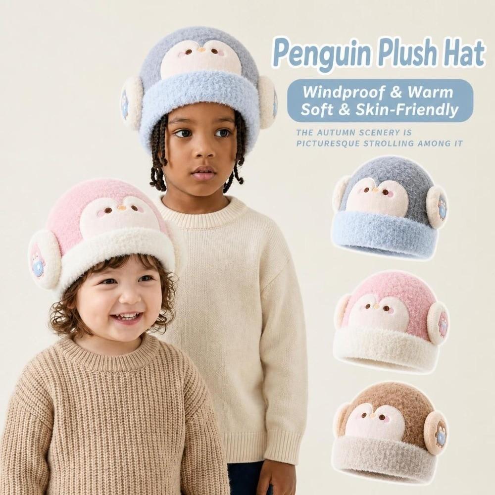 Warm Penguin Beanie Cartoon Thick Knit Earflap Hat Cute Kids Plush Winter Hat Ages 3-8
