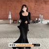 Pleasant and Pleasant Square Neck Long Sleeve Fish Tail Hip Wrap Dress Women's Early Autumn Temperament Slim Step by Step Lotus Long Dress Women'