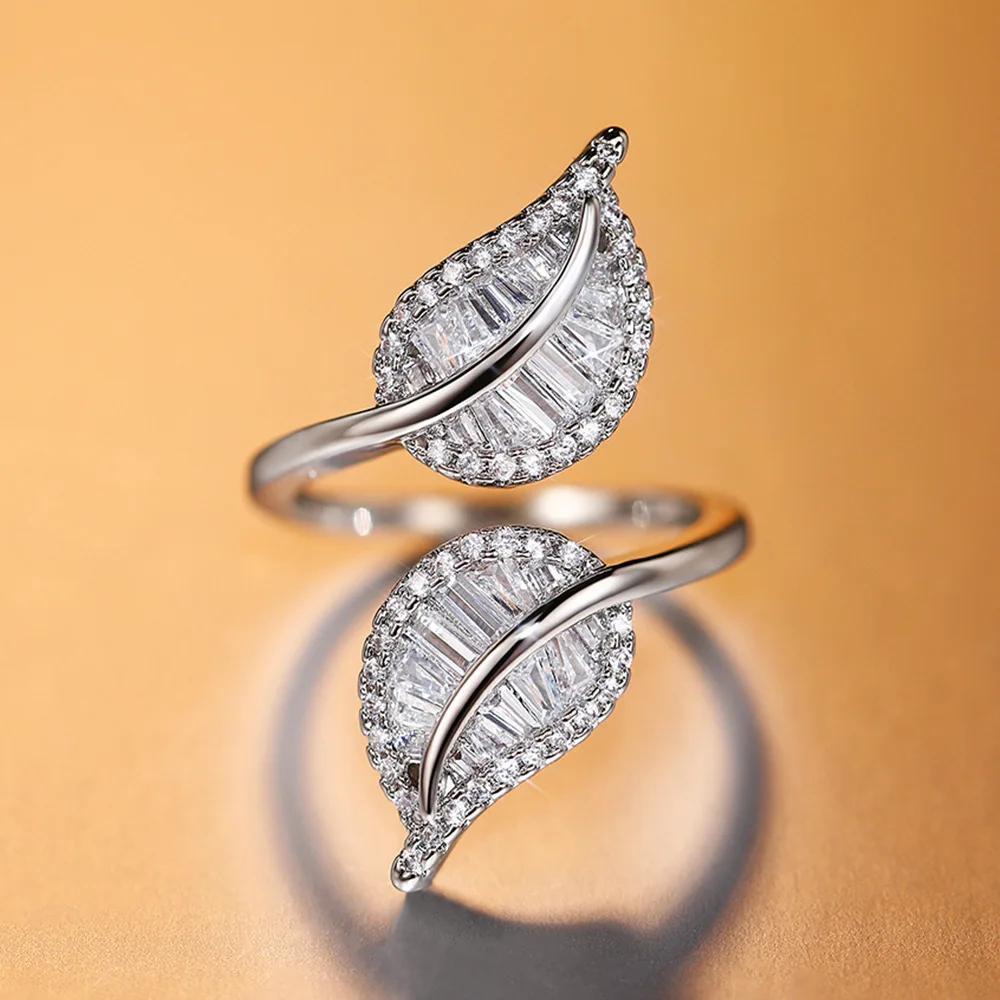 

Creative Big Leaf Branch Shape Stamp Silver Rings for Woman Zircon Adjustable Ring Finger Luxury Wedding Party Girl resizable срібний