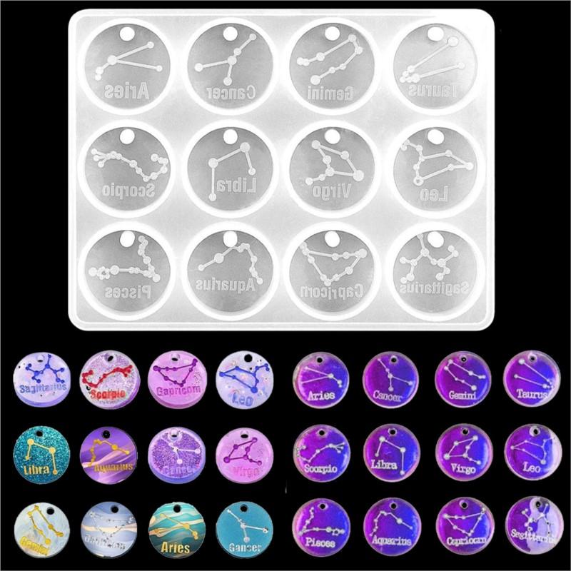 12 Tierkreiszeichen Konstellation Harzformen Rund Stern Tierkreiszeichen Epoxid Silikon Gussform für DIY Schmuck Handwerk Herstellungszubehör