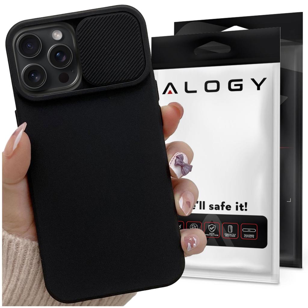 Etui Do Iphone 15 Pro Max Slide Case Z Osłoną Na Obiektyw Aparat Obudowa Matowe Czarne Alogy Soft Matt + Szkło