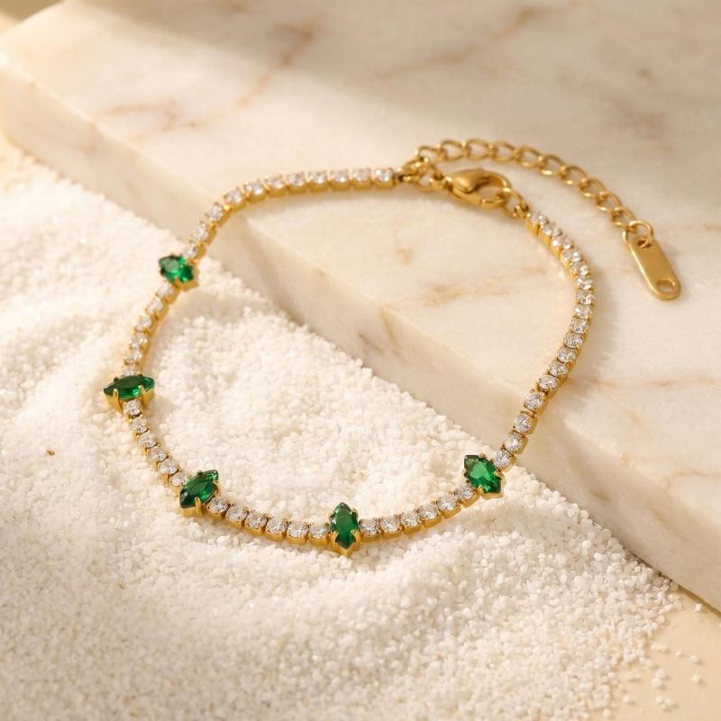 Trendy Stainless Steel Green Marquise Zircon 18K Gold Plated Adjustable Unisex Charm Gift Bracelet