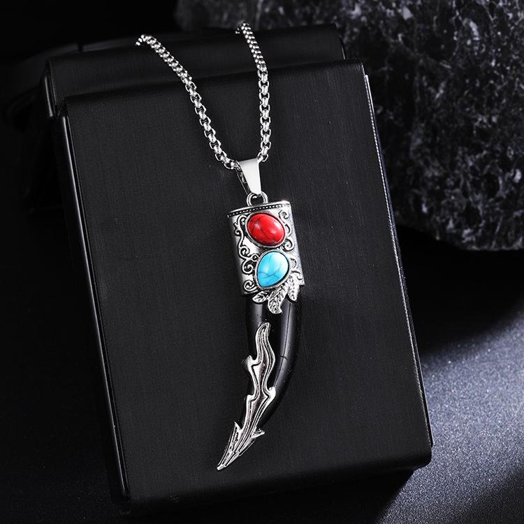 Herren Retro Wolfszahn Anhänger Halskette - Edelstahl Hip Hop Pullover Kette