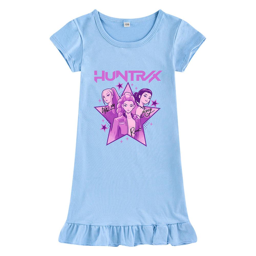 M1209 Kids Girls Kpop Rumi Zoey Mira Print Short Sleeves Ruffle Dress