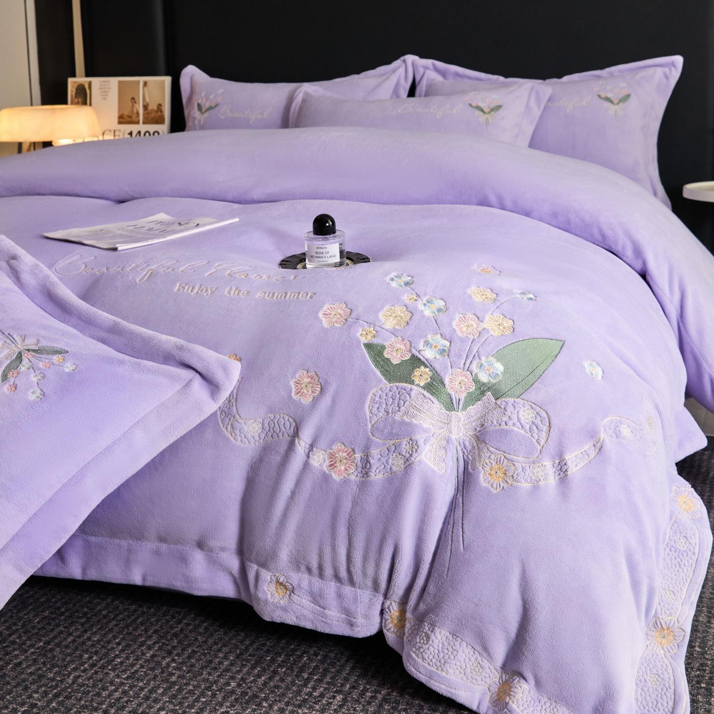 

Thickened Milk Fleece Embroidery Four-Piece Set - Bouquet 1.5M Bed Sheet Four-Piece Set 1.8m 4pc
