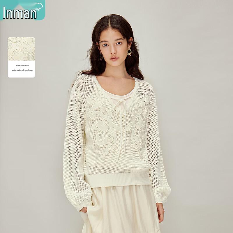 INMAN Women's Bohemian Embroidered Drop-Shoulder V-Neck Knit Sweater