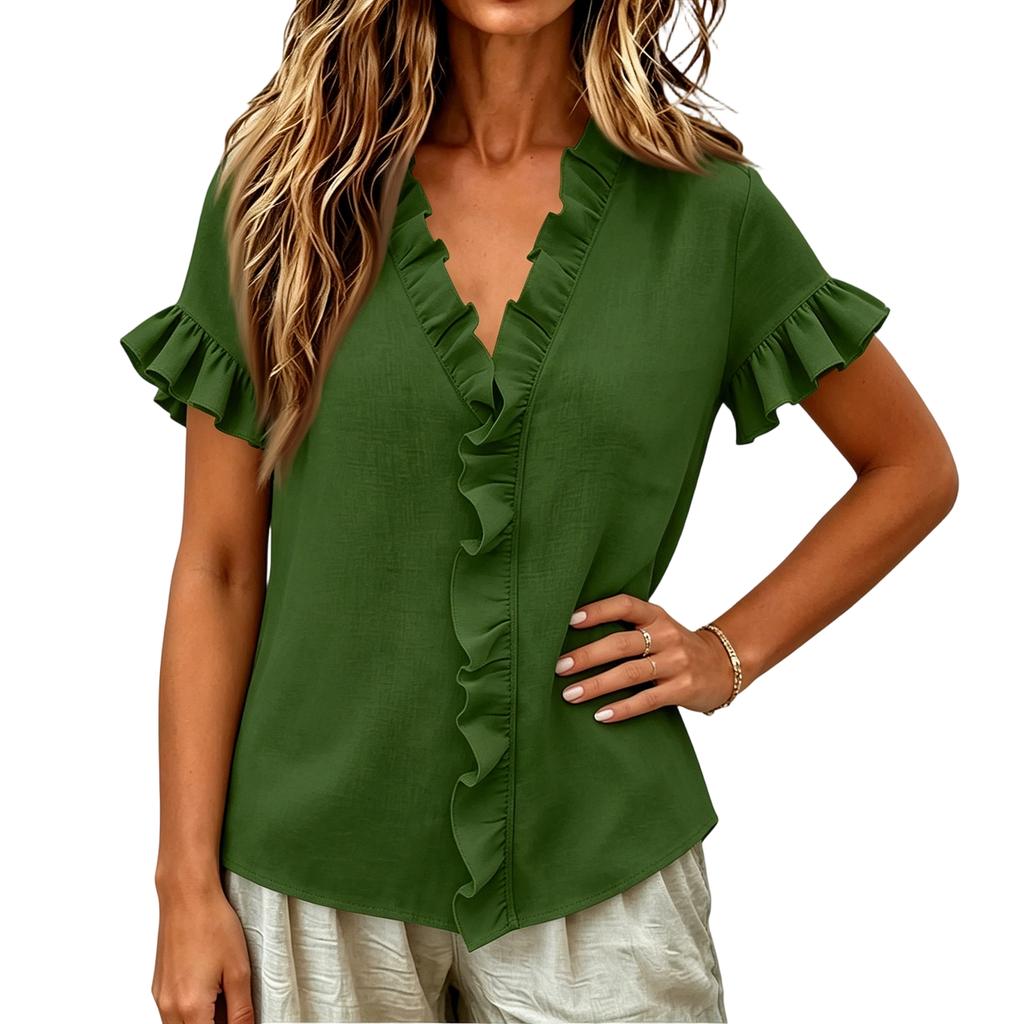 Women Cotton Linen Short Sleeve V Neck Shirt Loose Fit Blouse Ruffle Trim Casual Top Summer Wear