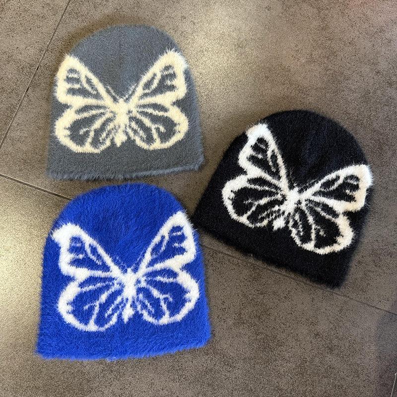 Cute Butterfly Imitation Mink Knitted Hat Cold Size Wool Hat Women's Fashion Versatile Headhat Tide