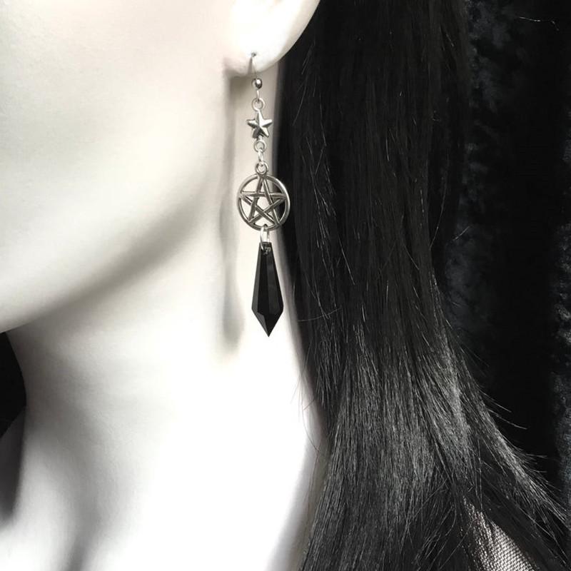Gothic Black Teardrop Beaded Star Earrings